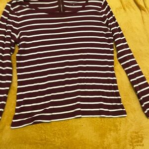 dressbarn Burgundy & White Striped Long Sleeve Crewneck